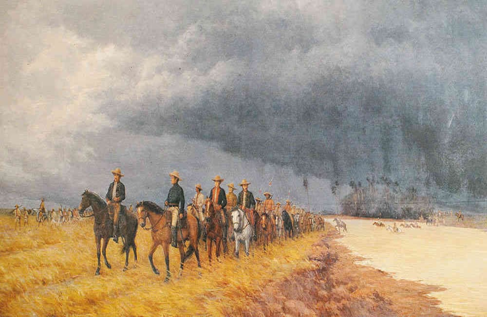 El Ejército libertador saliendo de los Llanos de Casanare: Para Pedro Carlos Manrique, crítico de arte de fines del siglo XIX, los paisajes del boyacense Jesús María corresponden a la frase de Amiel “El paisaje es un estado del alma”. Este cuadro no solo concuerda con el estado de ánimo, sino también con el estado de memoria patriótica. Jesús María Zamora, óleo sobre tela, 1919, Academia Colombiana de Historia, Bogotá.