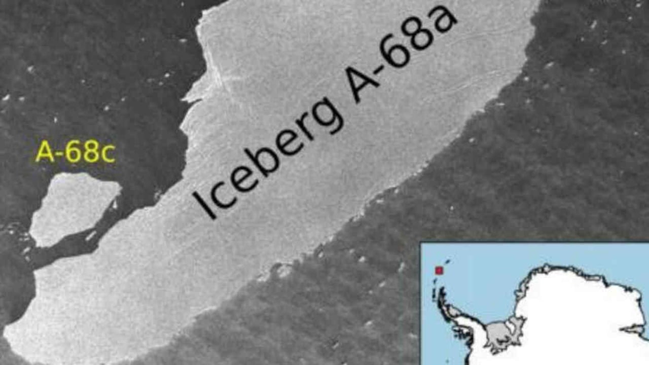 Desprendimiento de bloque de hielo del iceberg A-68A. Foto: Copernicus Sentinel / ESA