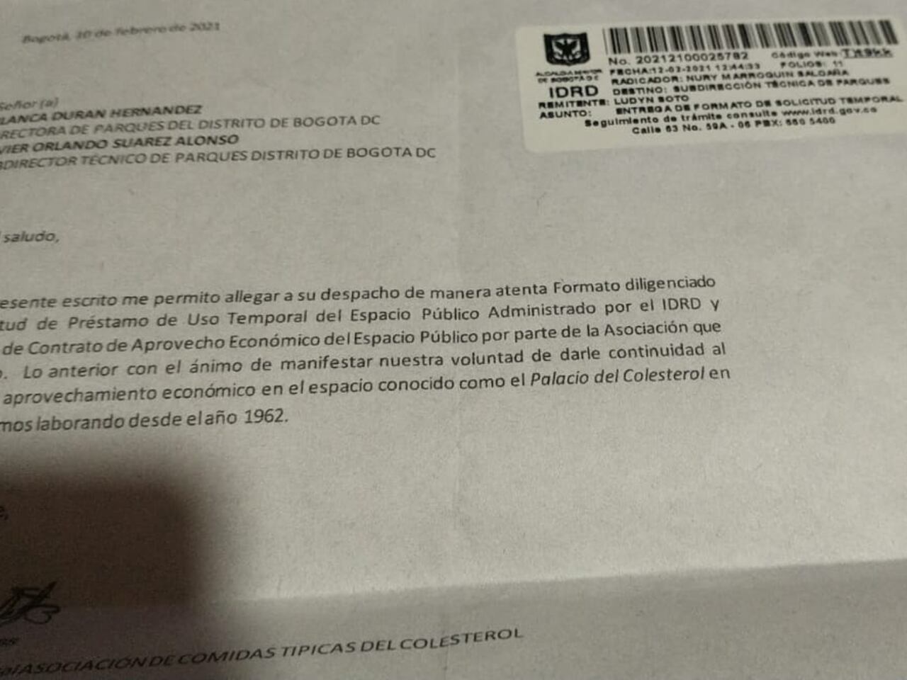 Carta de venteros en el palacio del colesterol al IDRD