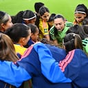 LODZ, POLAND - SEPTEMBER 23: Luisa Agudelo of Colombia speaks to the team in a huddle before the FIFA U20 Womens World Cup semi-final match between DPR Korea and Colombia at Stadion Miejski LKS Lodz on September 23, 2026 in Lodz, Poland. (Photo by Mateusz Slodkowski - FIFA/FIFA via Getty Images)