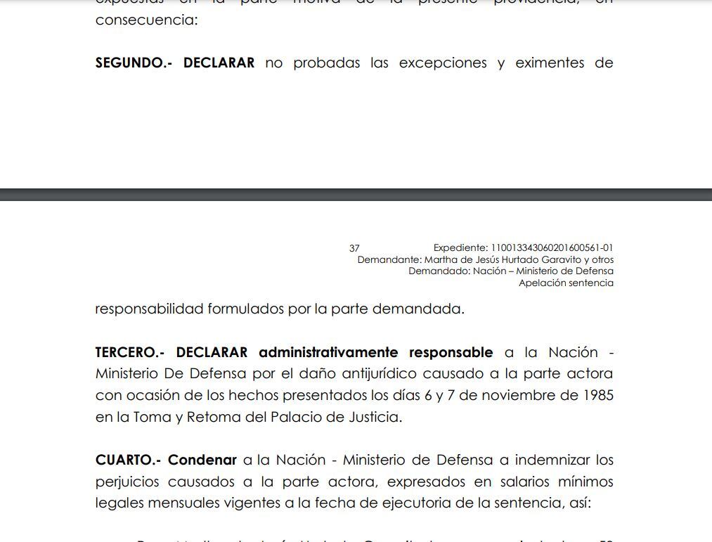 Condena contra la Nación por rehén durante la toma del Palacio de Justicia.
