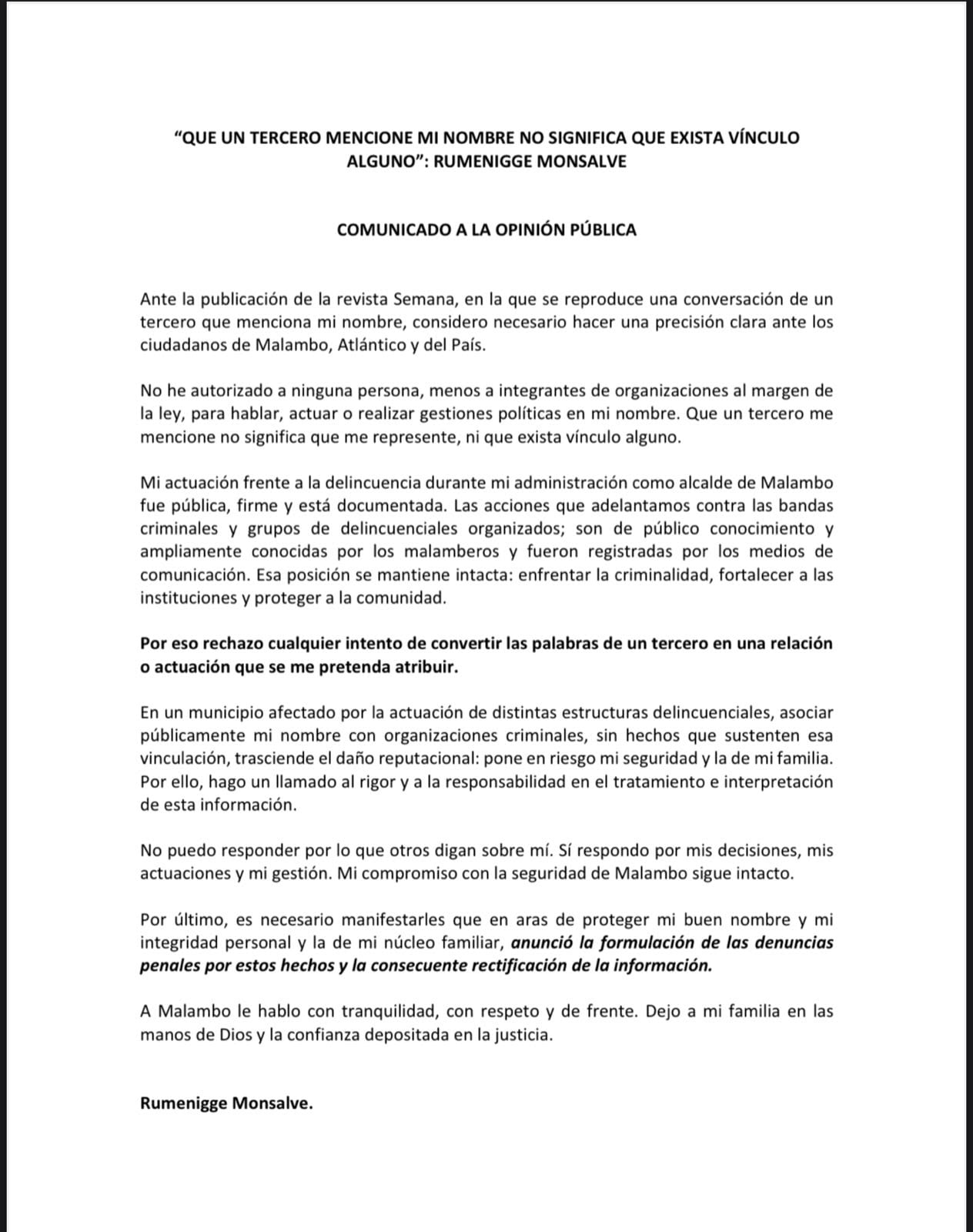 Comunicado Rumenigge Monsalve.