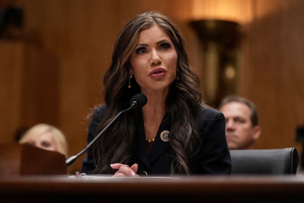 WASHINGTON, DC - JANUARY 17: South Dakota Gov. Kristi Noem, President-elect Donald Trump’s nominee for Secretary of the Department of Homeland Security, speaks during her confirmation hearing before the Homeland Security and Governmental Affairs Committee on Capitol Hill on January 17, 2025 in Washington, DC. Noem is expected to face questions about the incoming Trump administration’s plans to crack down on illegal immigration. (Photo by Eric Thayer/Getty Images)