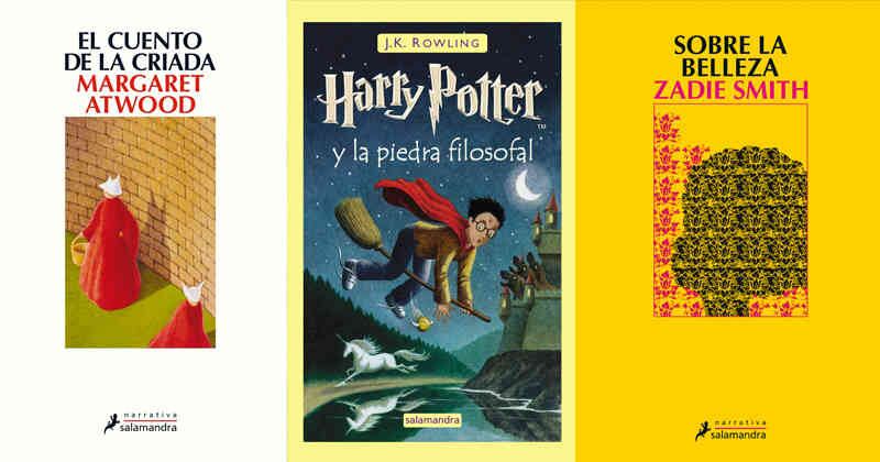 Portadas de novelas de Margaret Atwood, J.K. Rowling y Zadie Smith, autoras publicadas en español por Ediciones Salamandra.