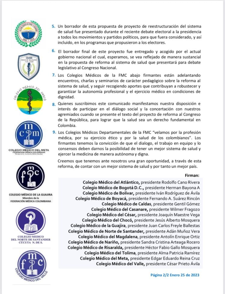 Comunicado de prensa de 16 Colegios Médicos de Colombia