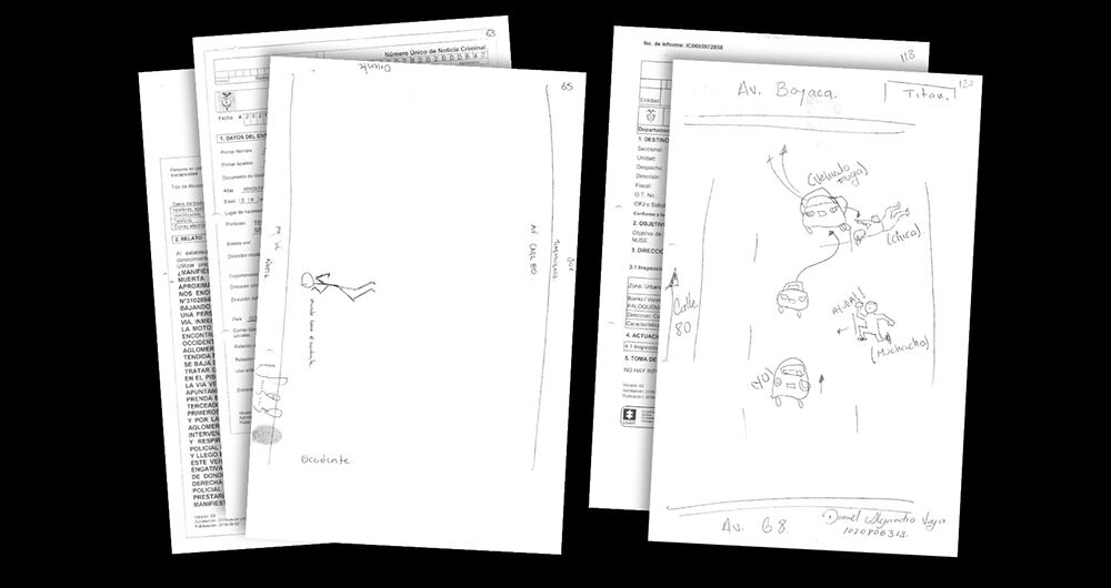  Dibujos que se encuentran en el expediente, usados como prueba. El primero fue pintado por un policía. El segundo, por un testigo de la Fiscalía que aseguró ver el momento en que lanzaron a Ana María Castro del vehículo en movimiento.