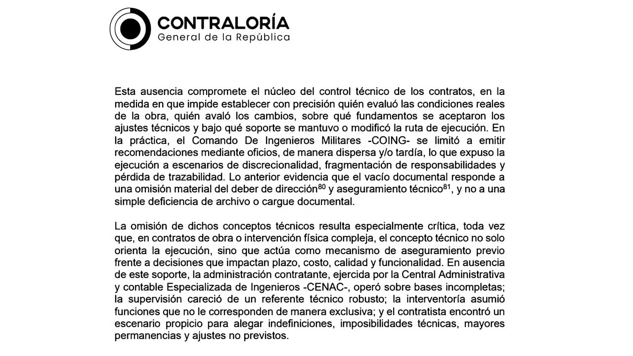La Contraloría reveló lo que sería un completo desorden administrativo del Ejército en las obras que fueron objeto de la auditoría.