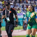SANTO DOMINGO, DOMINICAN REPUBLIC - OCTOBER 19: Goalkeeper Luisa Agudelo of Colombia (R) talks to a staff member during the FIFA U-17 Women's World Cup Dominican Republic match between Colombia and USA at Felix Sanchez Stadium on October 19, 2024 in Santo Domingo, Dominican Republic. (Photo by Martín Fonseca/Eurasia Sport Images/Getty Images)