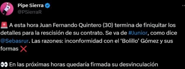 Pipe Sierra confirma la salida de Juanfer Quintero de Junior.