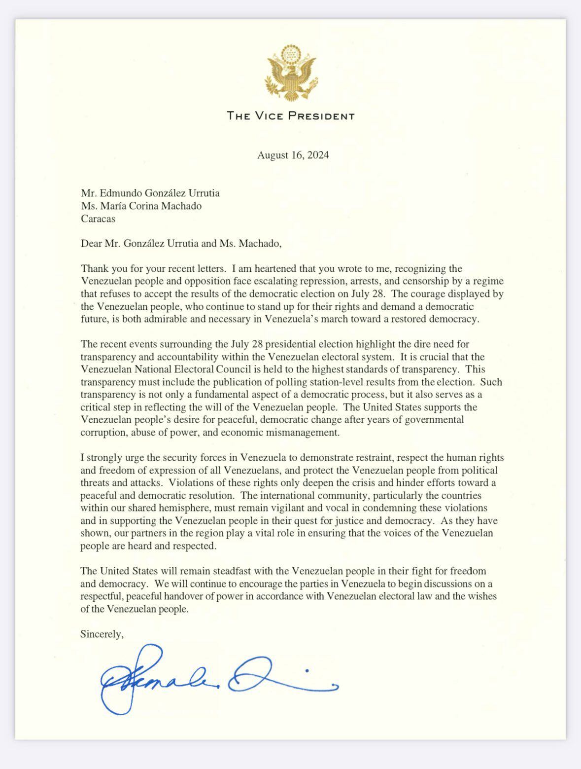 Esta es la carta de la vicepresidencia de Estados Unidos.