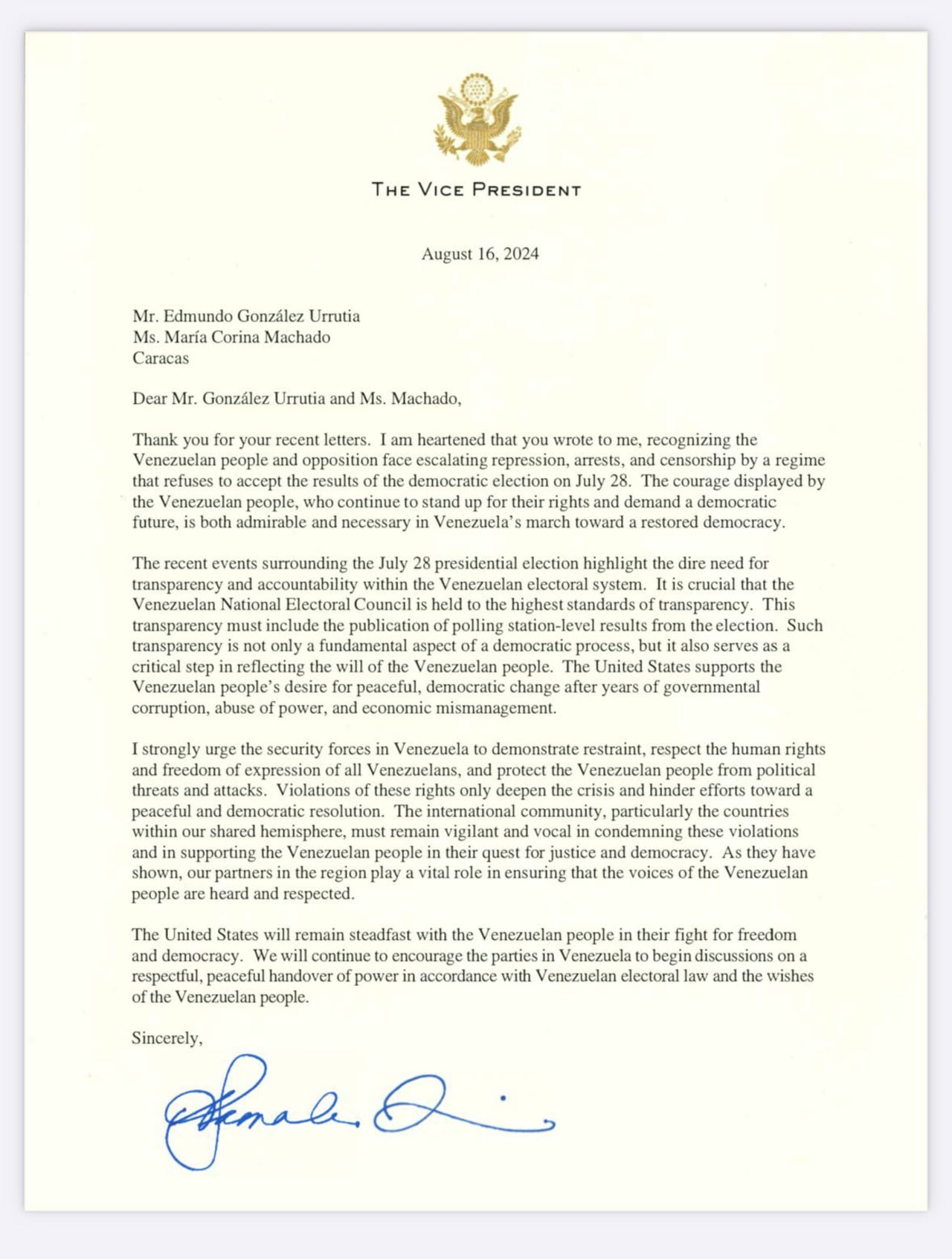 Esta es la carta de la vicepresidencia de Estados Unidos.