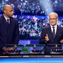 UEFA Deputy General Secretary Giorgio Marchetti (R) speaks next to French former football player Thierry Henry during the draw ceremony for the league phase of the 2026-2027 UEFA Champions League football tournament at the Grimaldi Forum in the Principality of Monaco on August 27, 2026. (Photo by Valery HACHE / AFP)