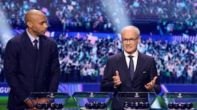 UEFA Deputy General Secretary Giorgio Marchetti (R) speaks next to French former football player Thierry Henry during the draw ceremony for the league phase of the 2026-2027 UEFA Champions League football tournament at the Grimaldi Forum in the Principality of Monaco on August 27, 2026. (Photo by Valery HACHE / AFP)