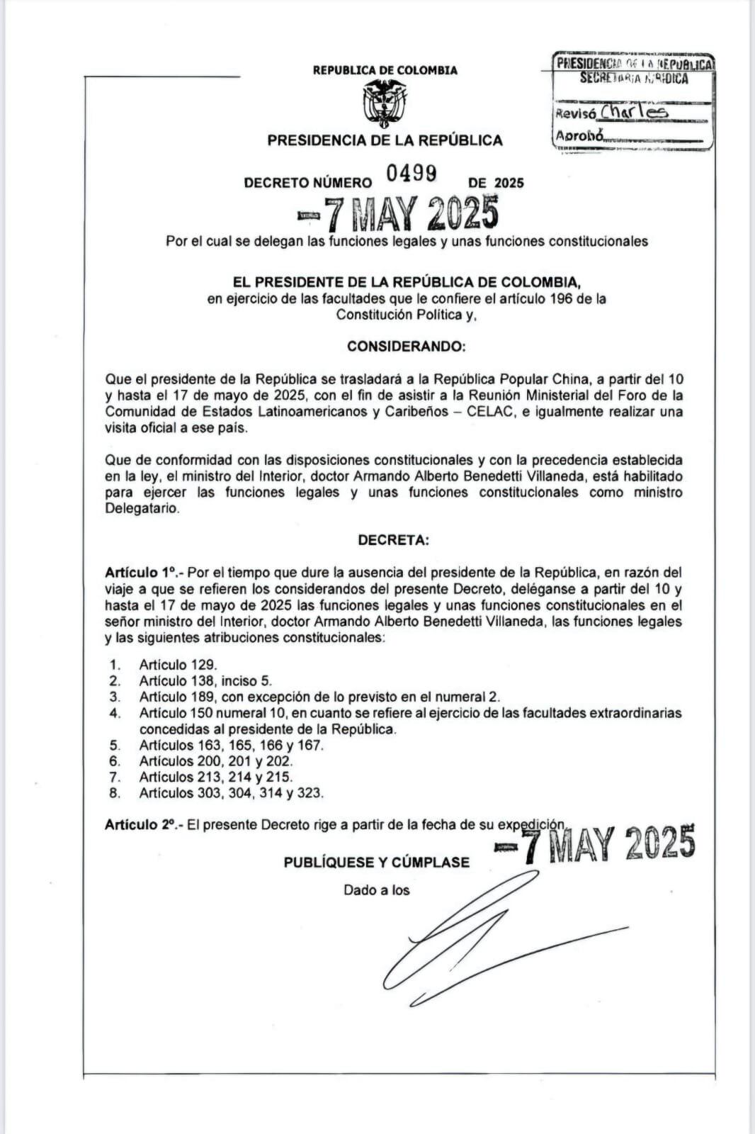 Decreto del presidente Petro delegando funciones presidenciales a Armando Benedetti