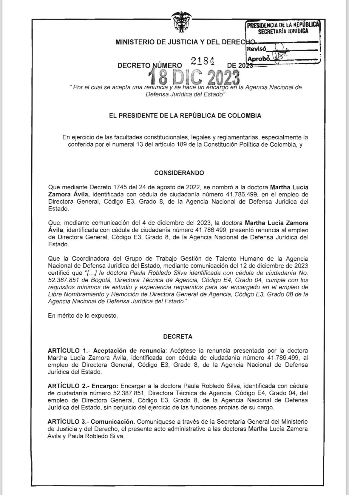 Decreto presidente Petro caso Martha Lucía Zamora