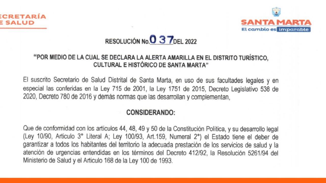 Imagen del decreto emitido por la alcaldía de Santa Marta para declarar la alerta