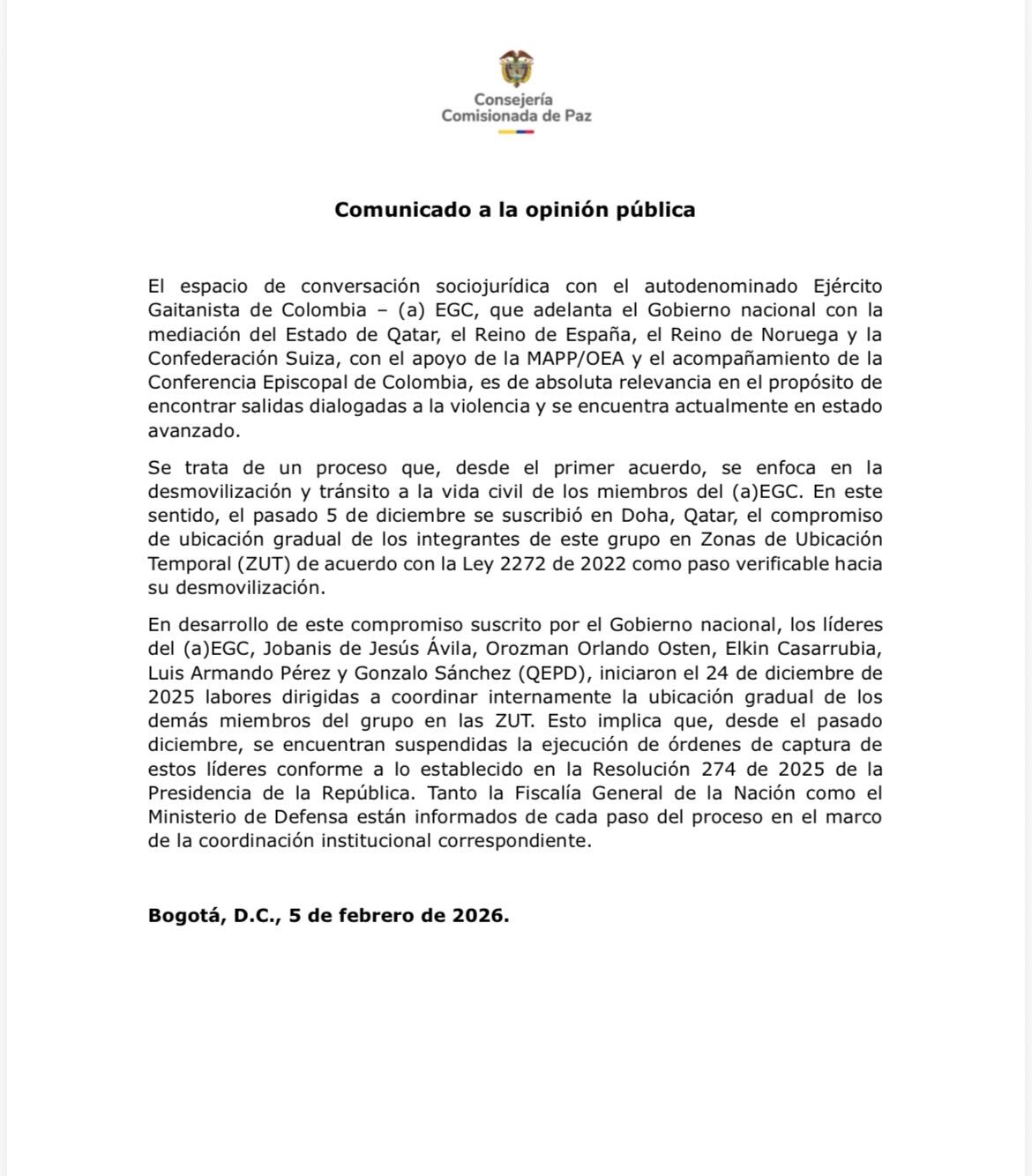 Comunicado delegación de paz del Gobierno con el Clan del Golfo