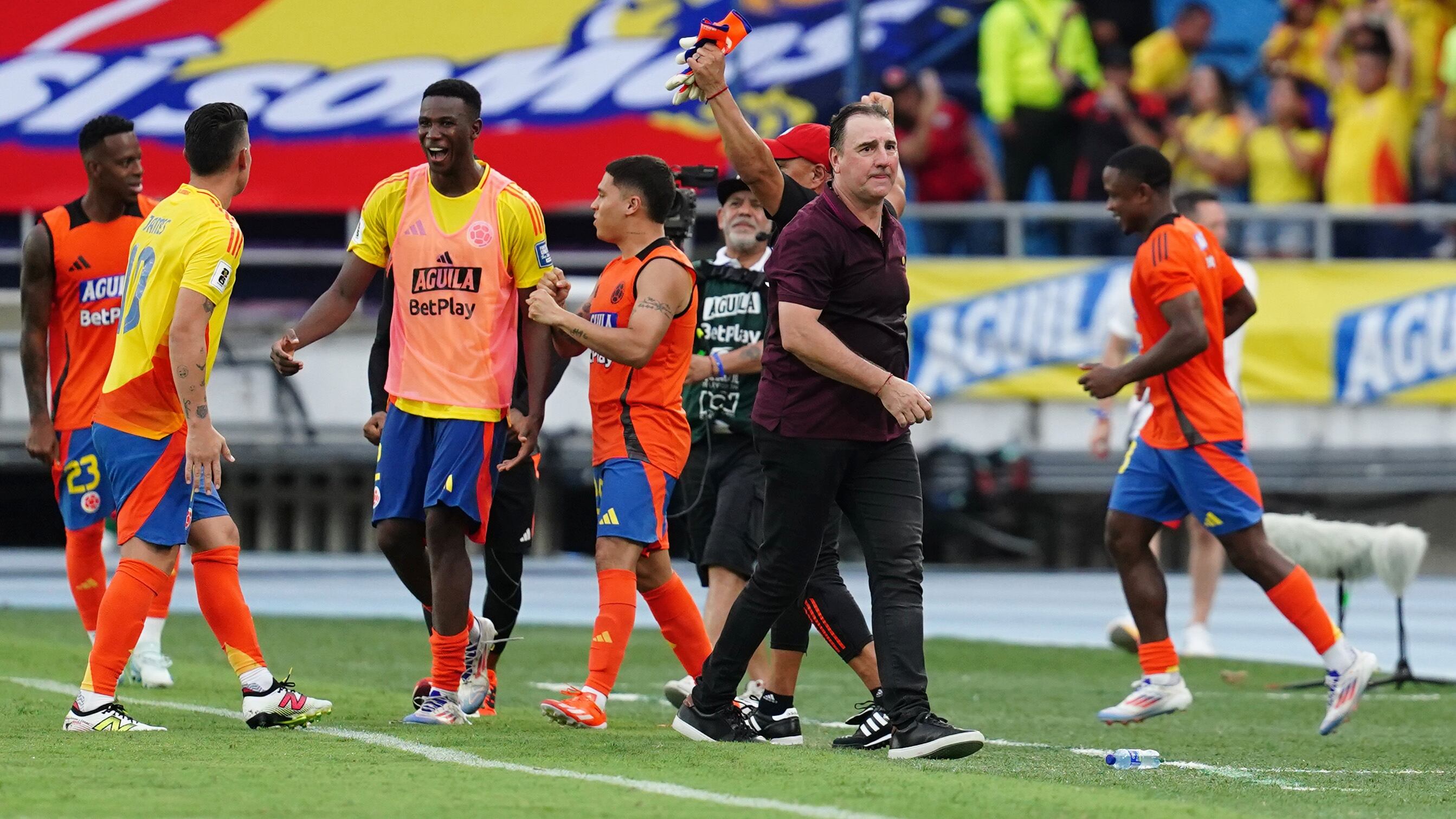 BARRANQUILLA, COLOMBIA - SEPTEMBER 10: Nestor Lorenzo, Head Coach of Colombia reacts after the team's victory in the South American FIFA World Cup 2026 Qualifier match between Colombia and Argentina at Roberto Melendez Metropolitan Stadium on September 10, 2024 in Barranquilla, Colombia. (Photo by Andres Rot/Getty Images)