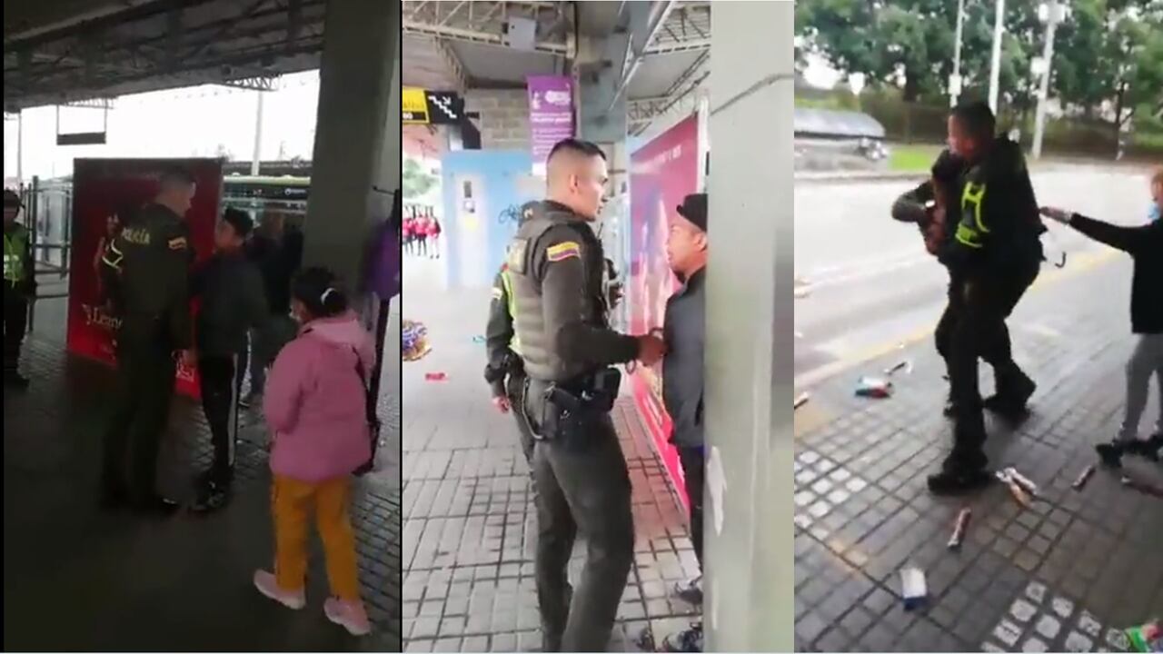 Un policía se enfrenta con un vendedor ambulante en el Portal 80 de TransMilenio, en Bogotá.
