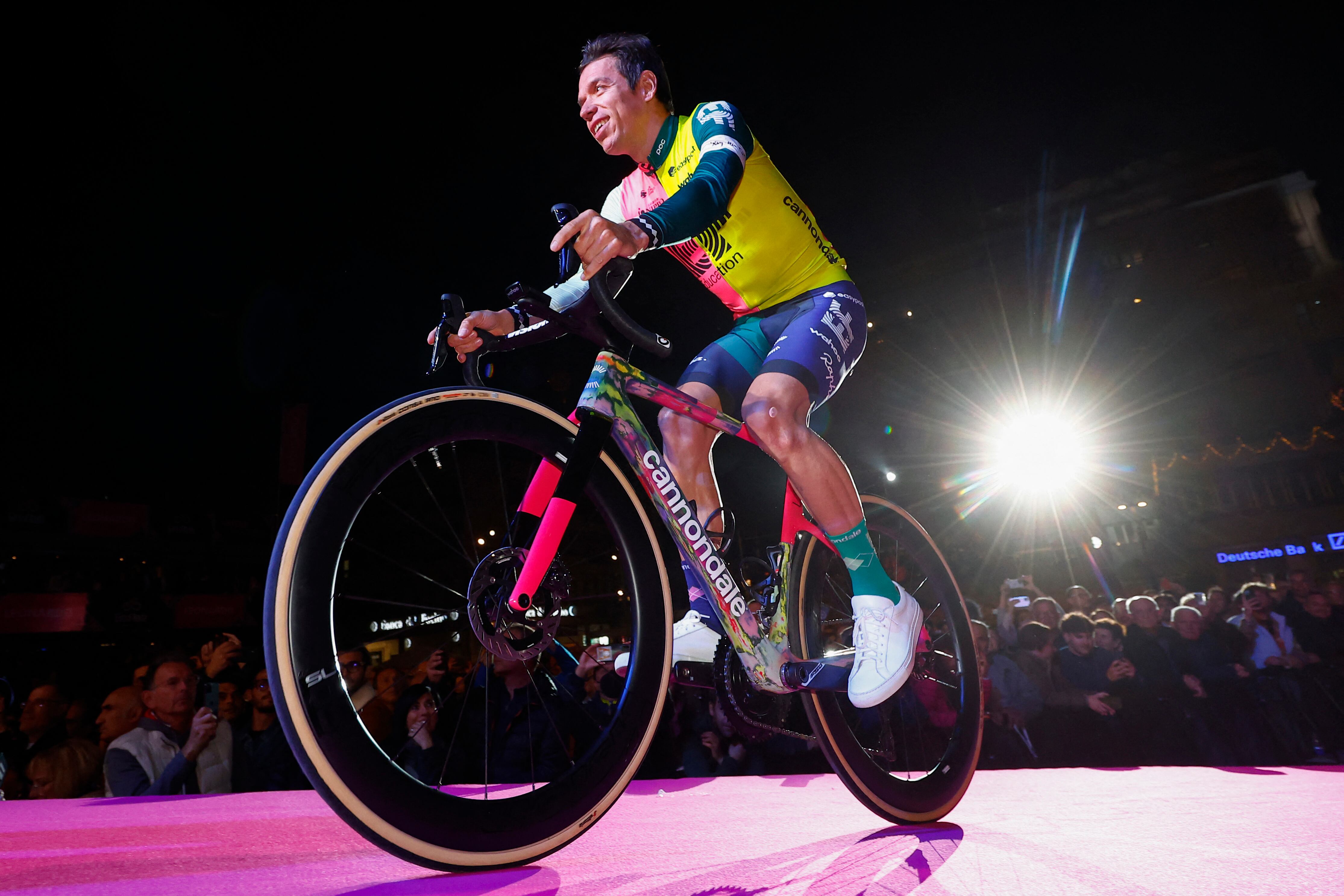 EF Education-EasyPost's Colombian rider Rigoberto Uran cycles on stage during the opening ceremony and team presentation in Pescara, on May 4, 2023, two days before the departure of the Giro d'Italia 2023 cycling race. - The Giro d'Italia 2023 cycling race's first stage will depart from Fossacesia Marina on May 6, and finish in Rome on May 28. (Photo by Luca Bettini / AFP)