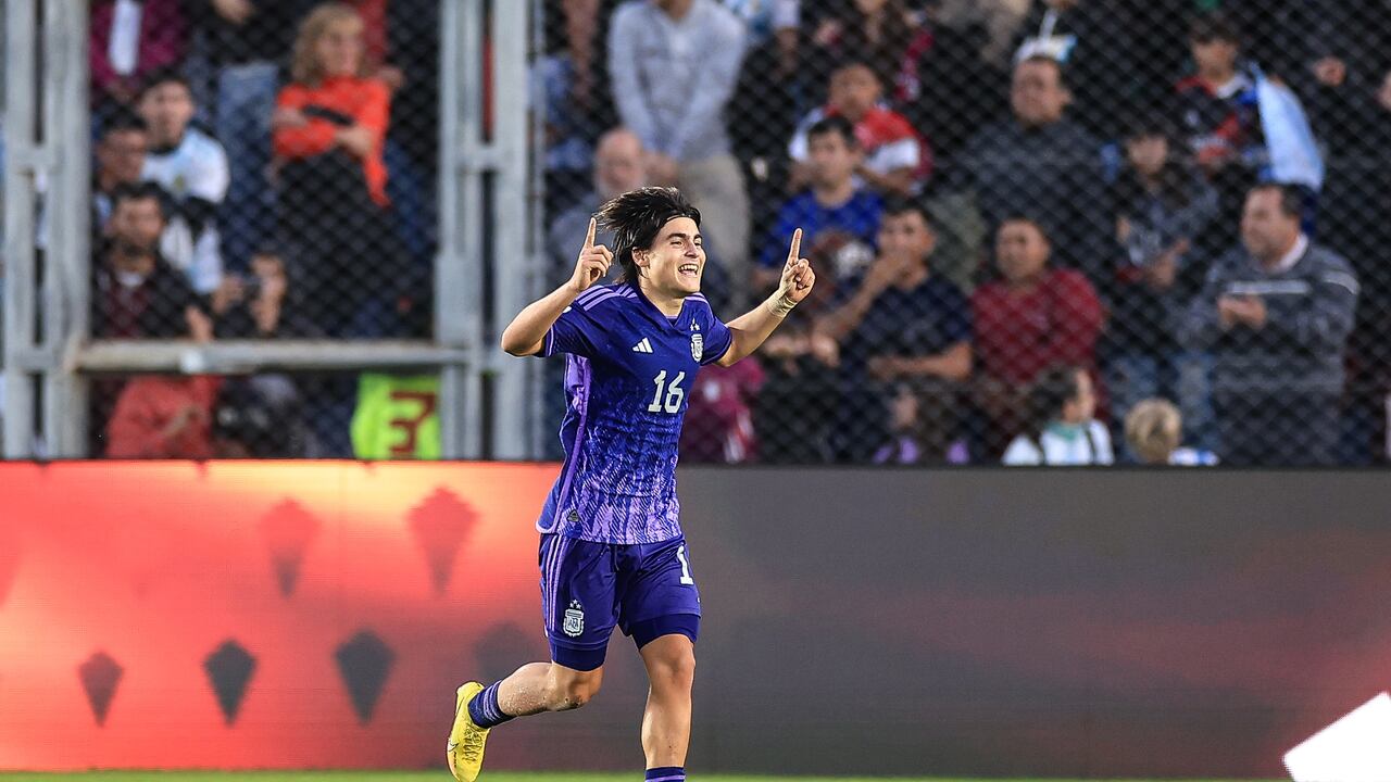 SAN JUAN, ARGENTINA - MAY 26: Luka Romero of Argentina celebrates after scoring the team's third goal during the FIFA U-20 World Cup Argentina 2023 Group A match between New Zealand and Argentina at Estadio San Juan on May 26, 2023 in San Juan, Argentina. (Photo by Buda Mendes - FIFA/FIFA via Getty Images)
