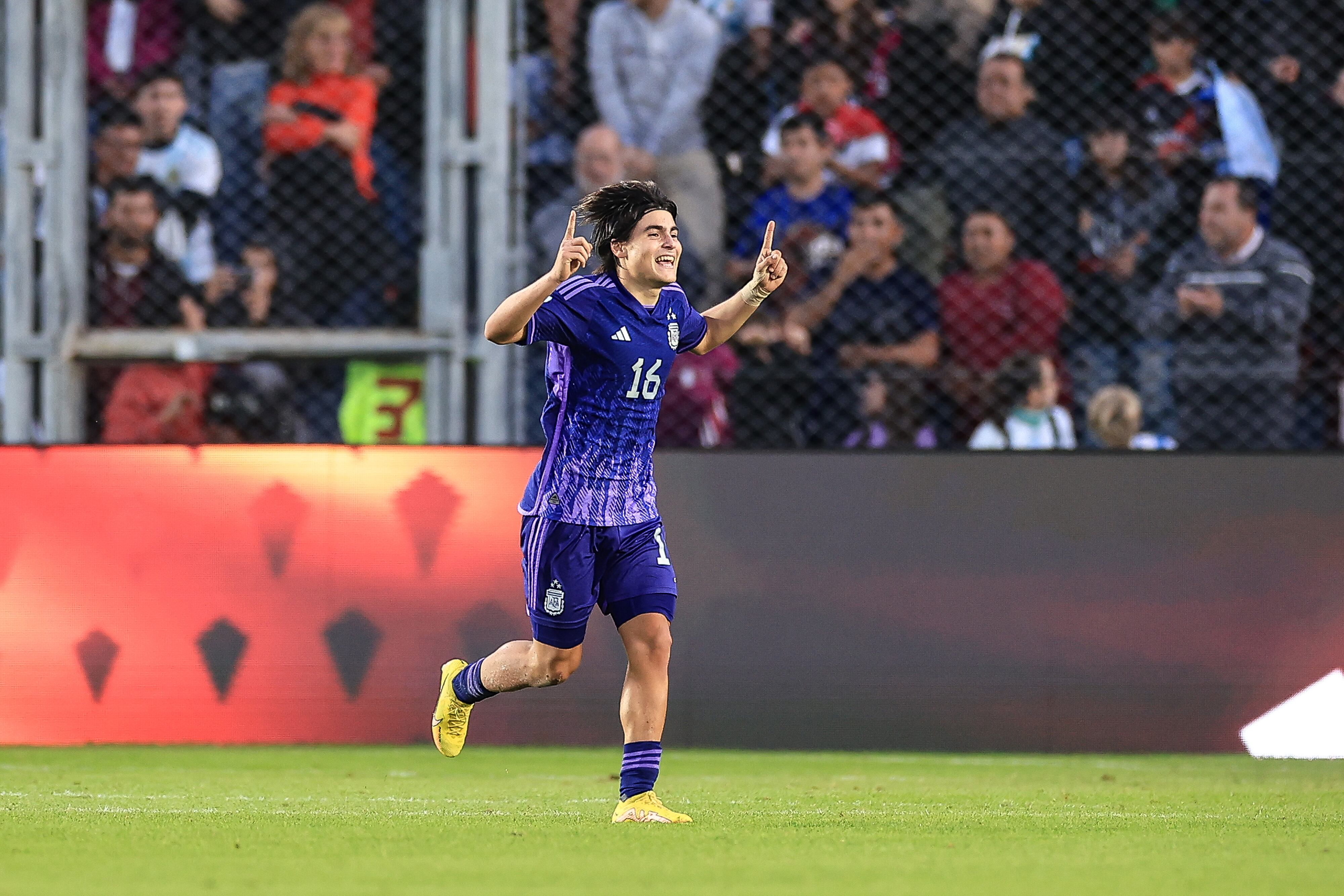 SAN JUAN, ARGENTINA - MAY 26: Luka Romero of Argentina celebrates after scoring the team's third goal during the FIFA U-20 World Cup Argentina 2023 Group A match between New Zealand and Argentina at Estadio San Juan on May 26, 2023 in San Juan, Argentina. (Photo by Buda Mendes - FIFA/FIFA via Getty Images)