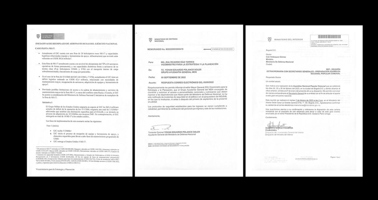 El general (r) Ricardo Díaz aportó documentos que niegan que haya tenido incidentes en el parqueadero de Indumil. A la izquierda, un documento sobre planes para renovar helicópteros rusos MI-17.