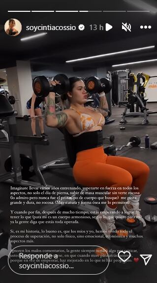 Cintia entrena diariamente con mucha disciplina. Foto: Instagram @cintiacossio.