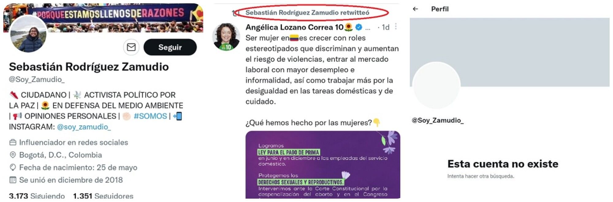 Pantallazo del que era el perfil de Sebastián Rodríguez Zamudio, pantallazo del RT que dio a una publicación de Angélica Lozano y pantallazo de cuenta deshabilitada.
