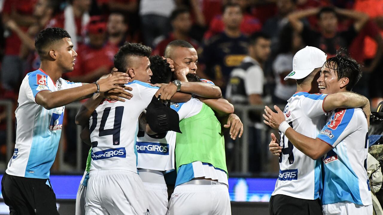 MEDELLIN, COLOMBIA - DECEMBER 16: Victor Cantillo and Fabian Sambueza of Junior celebrate the championship after the second leg final match of the Torneo Clausura Liga Aguila 2018 between Independiente Medellin and Junior at Estadio Atanasio Girardot on December 16, 2018 in Medellin, Colombia. (Photo by