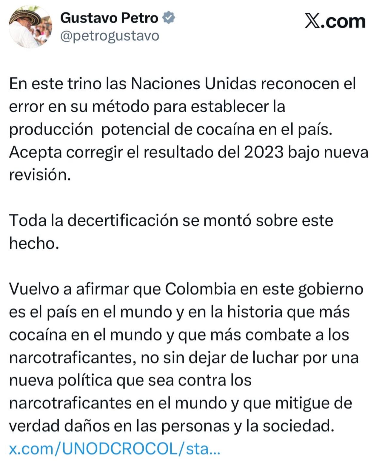Mensaje publicado por el presidente Gustavo Petro