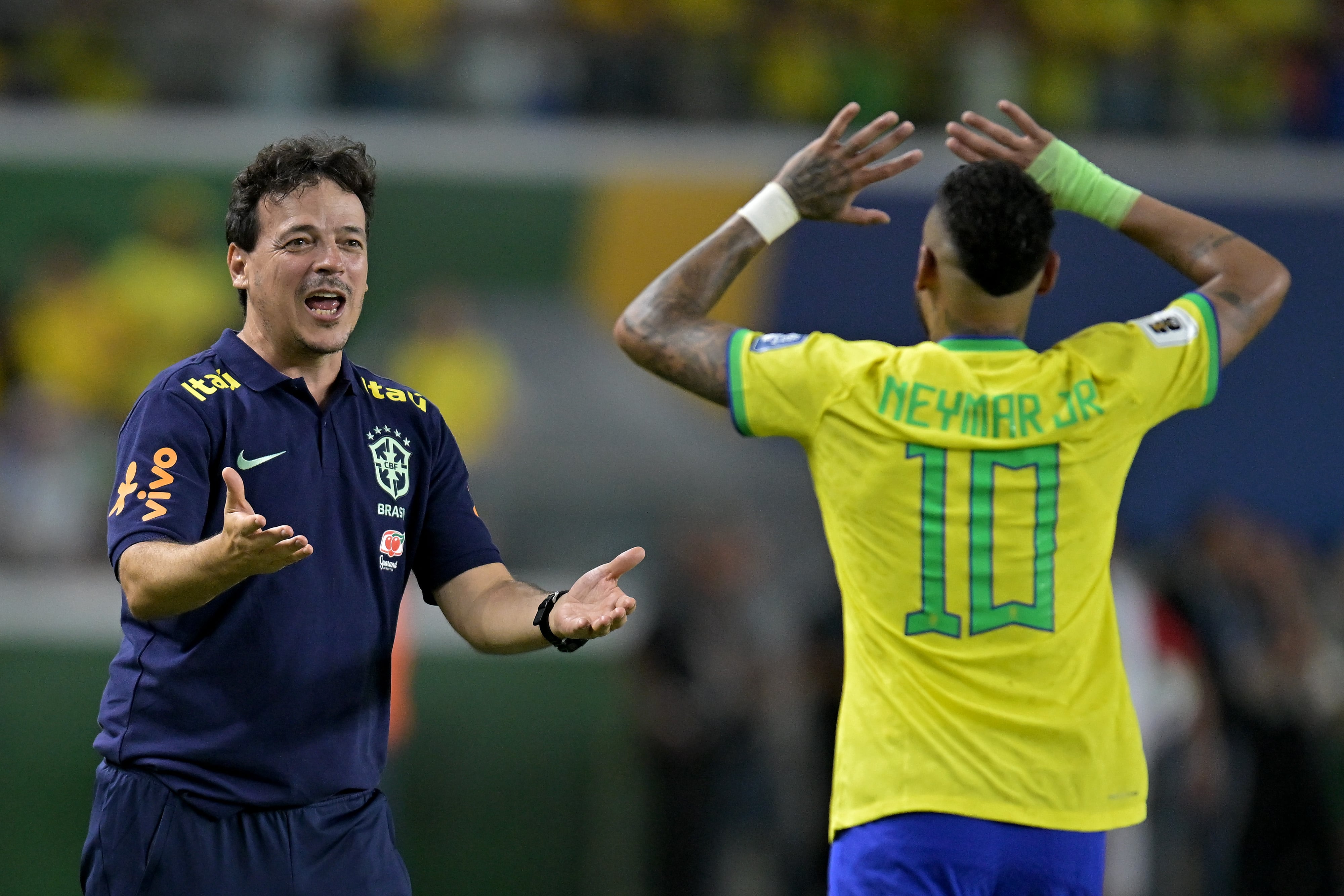 BELEM, BRAZIL - SEPTEMBER 08: Neymar Jr. of Brazil celebrates with Fernando Diniz, head coach of Brazil, after scoring the fifth goal of his team during a FIFA World Cup 2026 Qualifier match between Brazil and Bolivia at Mangueirao on September 08, 2023 in Belem, Brazil. (Photo by Pedro Vilela/Getty Images)