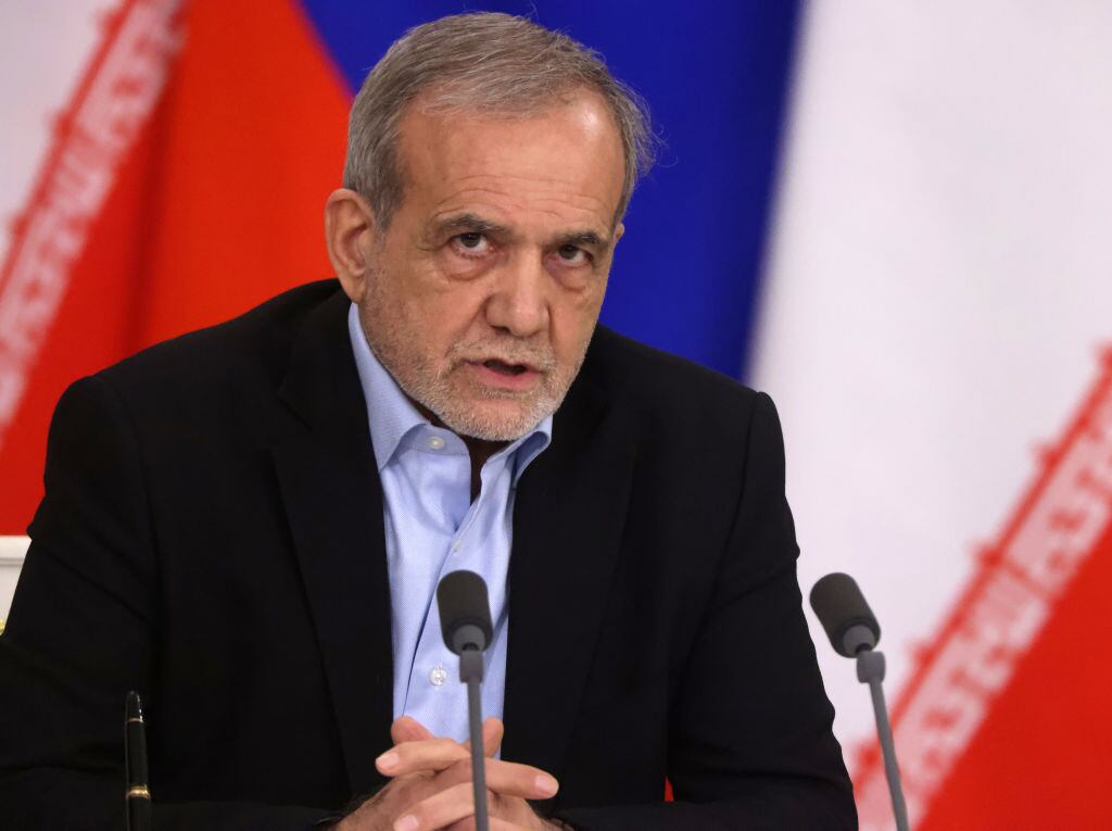 MOSCOW, RUSSIA - JANUARY 17 (RUSSIA OUT) Iranian President Masoud Pezeshkian speaks during Russian-Iranian meeting at the Grand Kremlin Palace,  January 17, 2025, in Moscow, Russia. Pezeshkian arrived to Moscow for a treaty signing with Putin. (Photo by Contributor/Getty Images)