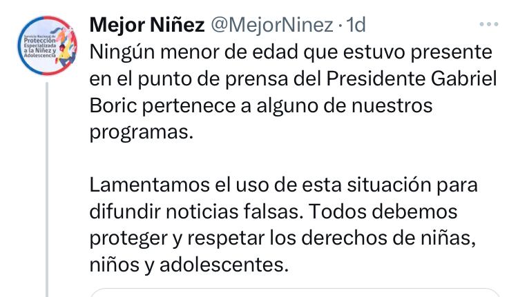“Mejor Niñez”, se echó para atrás y dijo que ningún menor estuvo en la declaración acompañando al mandatario chileno.