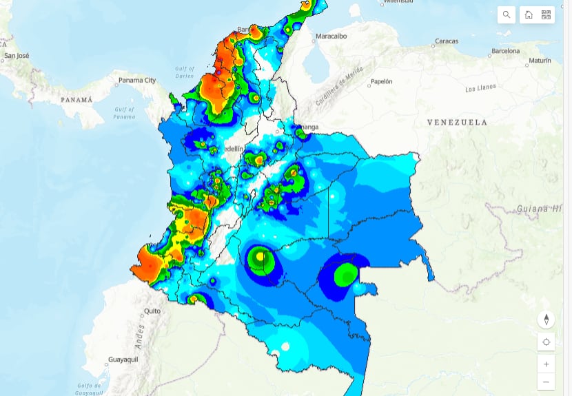 Imagen del Ideam, con las zonas de lluvias más intensas (en naranja)