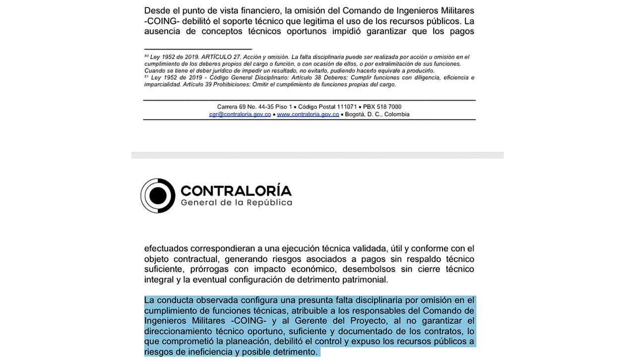 Documento de la Contraloría sobre posibles faltas disciplinarias en el Comando de Ingenieros.