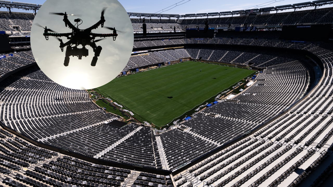 Imagen referencia del estadio de Nueva Jersey, en Estados Unidos, y un dron.