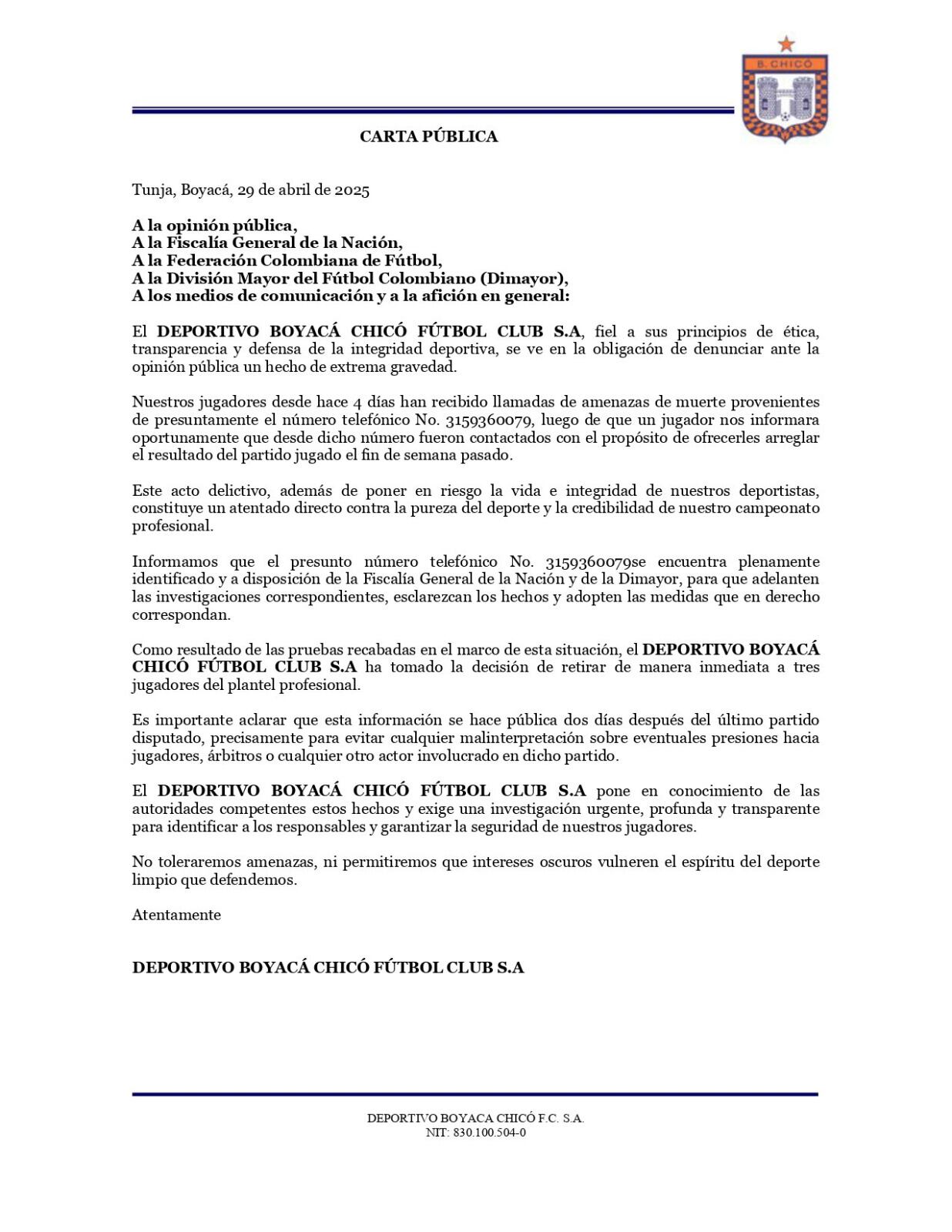 Comunicado oficial de Boyacá Chicó.