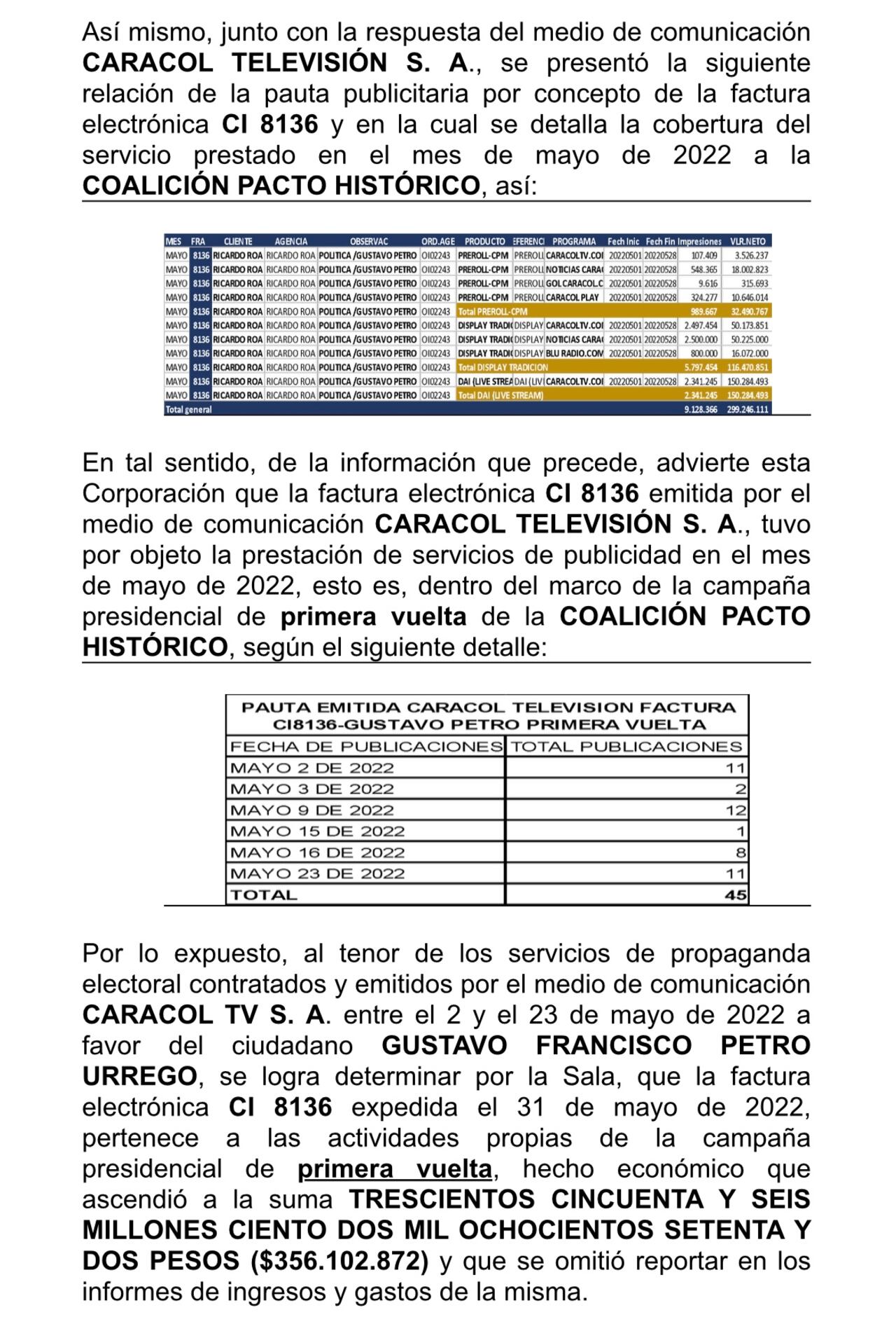 Documento reporte de la factura electrónica propaganda electoral.