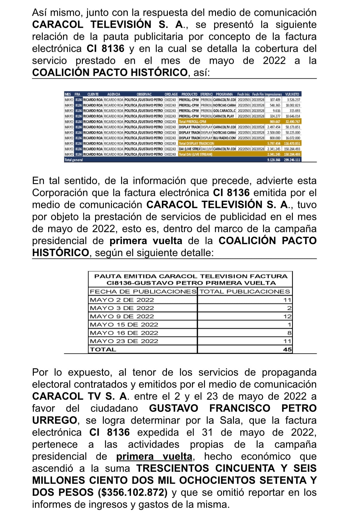 Documento reporte de la factura electrónica propaganda electoral.