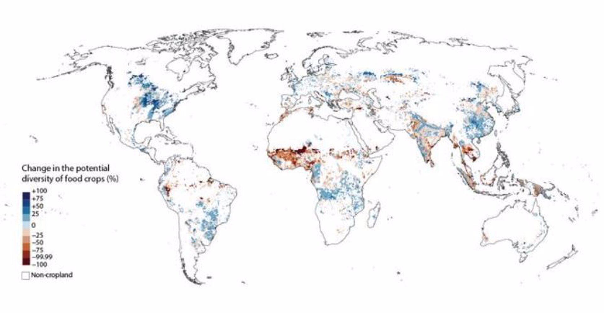 Cambio en la diversidad potencial de cultivos alimentarios en el escenario de calentamiento global de +2 °C en comparación con la situación actual (%).