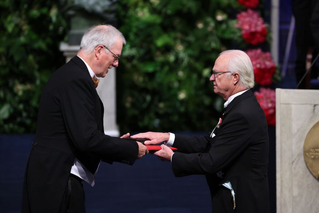 STOCKHOLM, SWEDEN - DECEMBER 10: Professor Morten Meldal receives the 2022 Nobel Prize in Chemistry from King Carl XVI Gustaf of Sweden during the Nobel Prize Awards Ceremony at Stockholm Concert Hall on December 10, 2022 in Stockholm, Sweden. (Photo by Pascal Le Segretain/Getty Images)