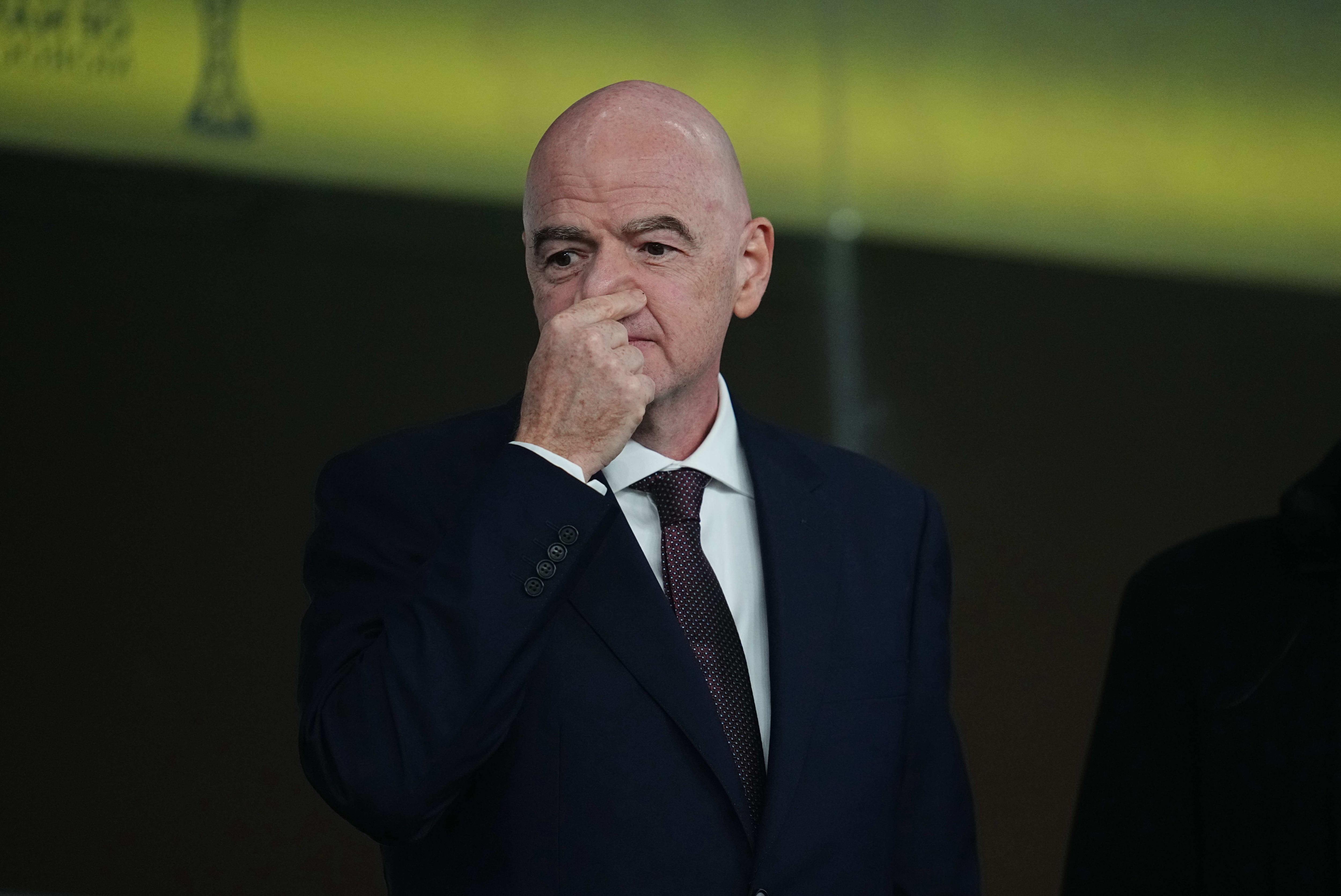 Gianni Infantino looks on during the AFCON r16 match between South Africa and Cameroon at Al Medina stadium, Rabat, Morocco on January 4, 2026. (Photo by Ulrik Pedersen/NurPhoto via Getty Images)
