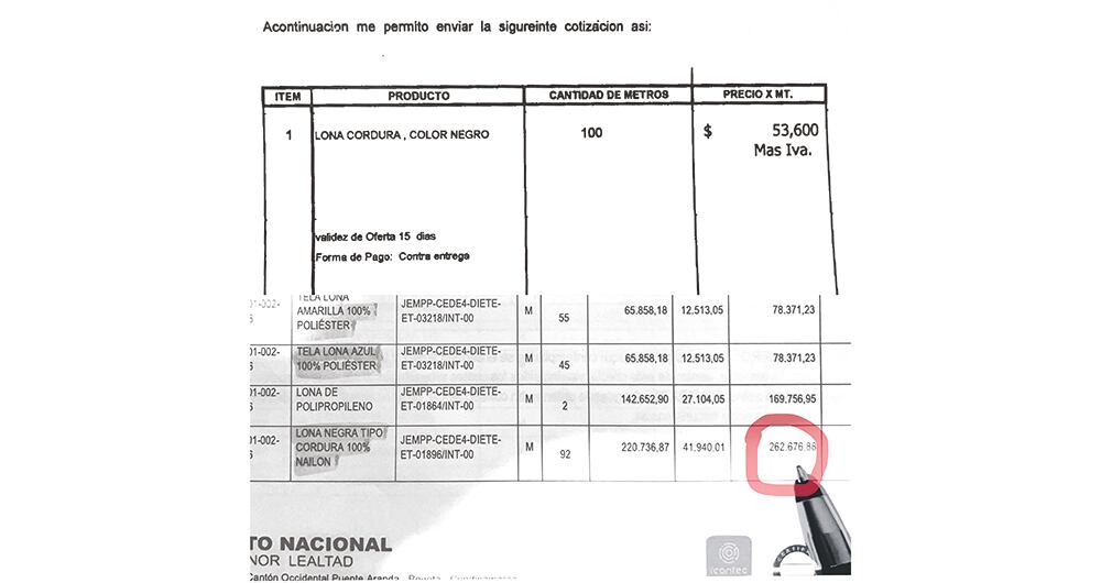  En este caso, el metro de tela pedido por el Ejército se conseguía en aproximadamente 53.600 pesos, como dice la cotización, pero el Ejército habría pagado 262.676.