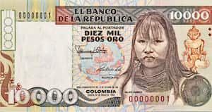 El billete de 10.000 pesos colombianos que circuló en Colombia entre 1992 y 1994.
