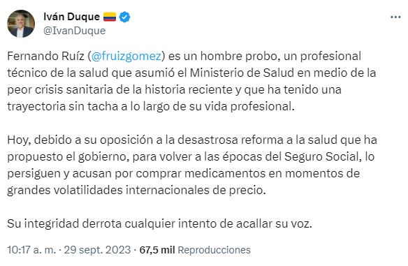 Iván Duque sale en defensa de Fernando Ruiz, denunciado por el Gobierno Petro: “Lo persiguen” por oponerse a la reforma a la salud