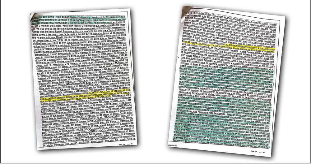 La declaración de Elvira Ponce de León, esposa de Pizano, señala que le había dicho que prefería morir antes de que lo llevaran preso. Cuenta en detalle cómo fue la muerte de su hijo, Alejandro, al beber de la botella con cianuro.