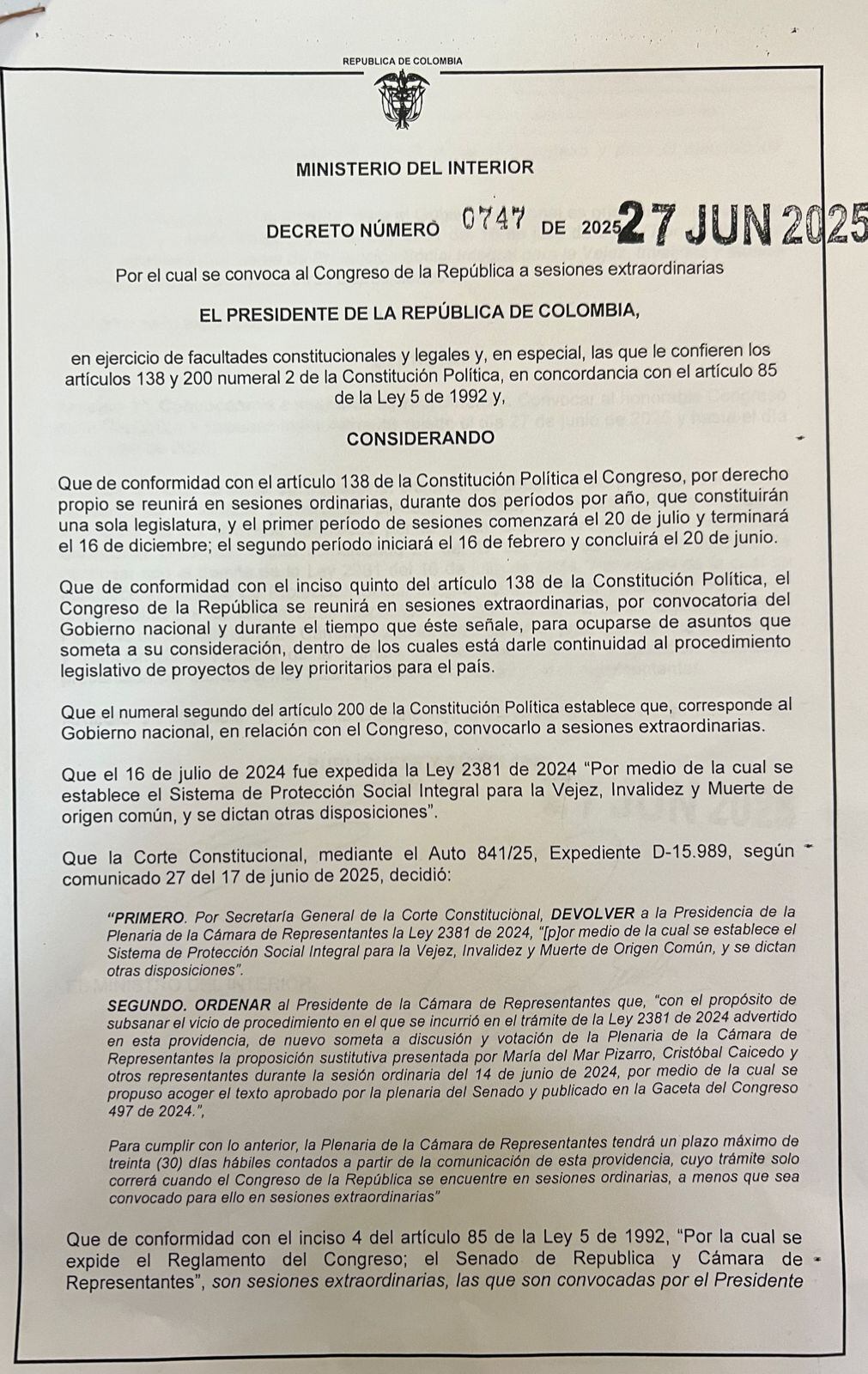 Decreto sesiones extras reforma pensional