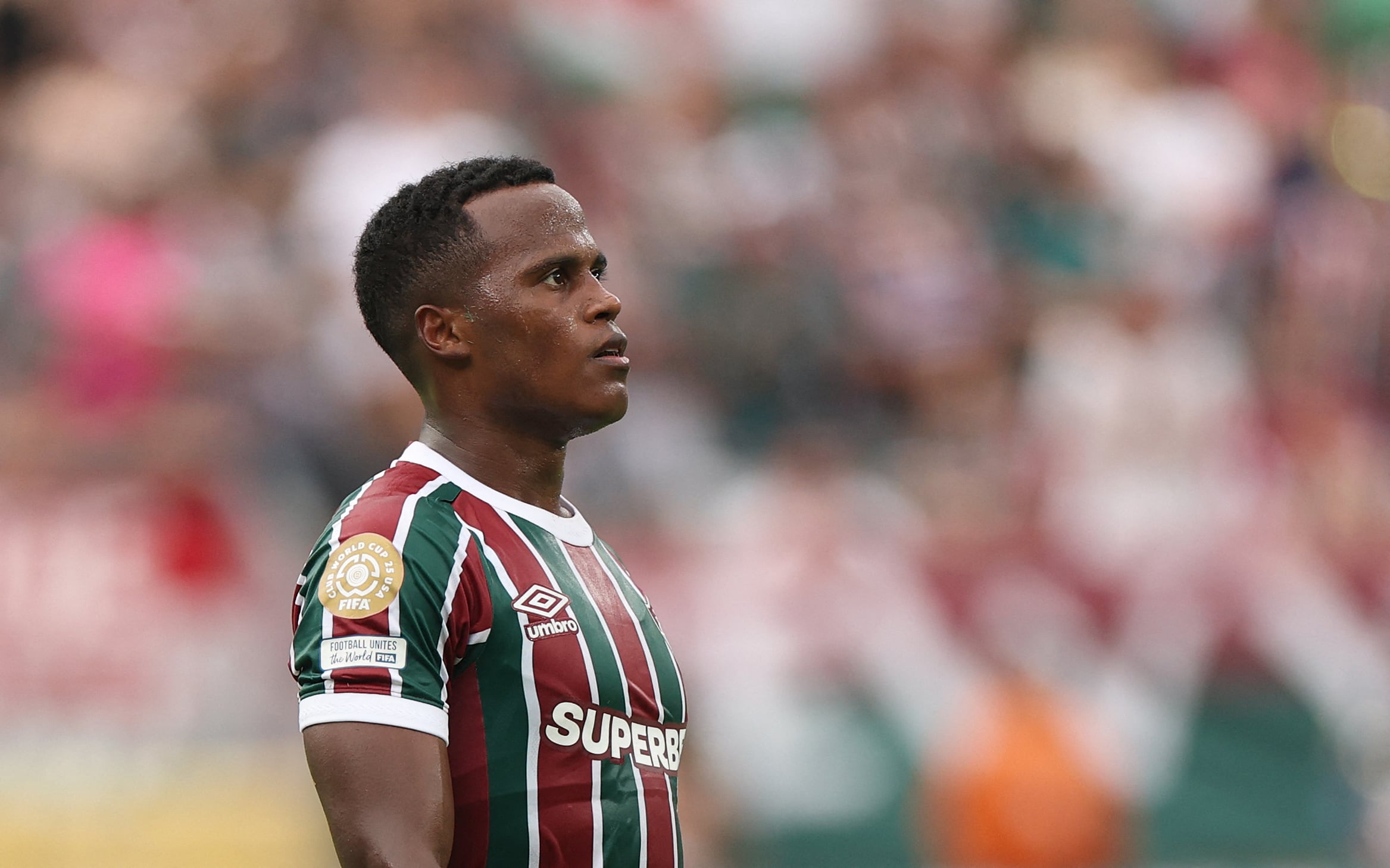 EAST RUTHERFORD, NEW JERSEY - JUNE 21: Jhon Arias #21 of Fluminense FC looks on during the FIFA Club World Cup 2025 group F match between Fluminense FC and Ulsan HD FC at MetLife Stadium on June 21, 2025 in East Rutherford, New Jersey.   Francois Nel/Getty Images/AFP (Photo by Francois Nel / GETTY IMAGES NORTH AMERICA / Getty Images via AFP)
