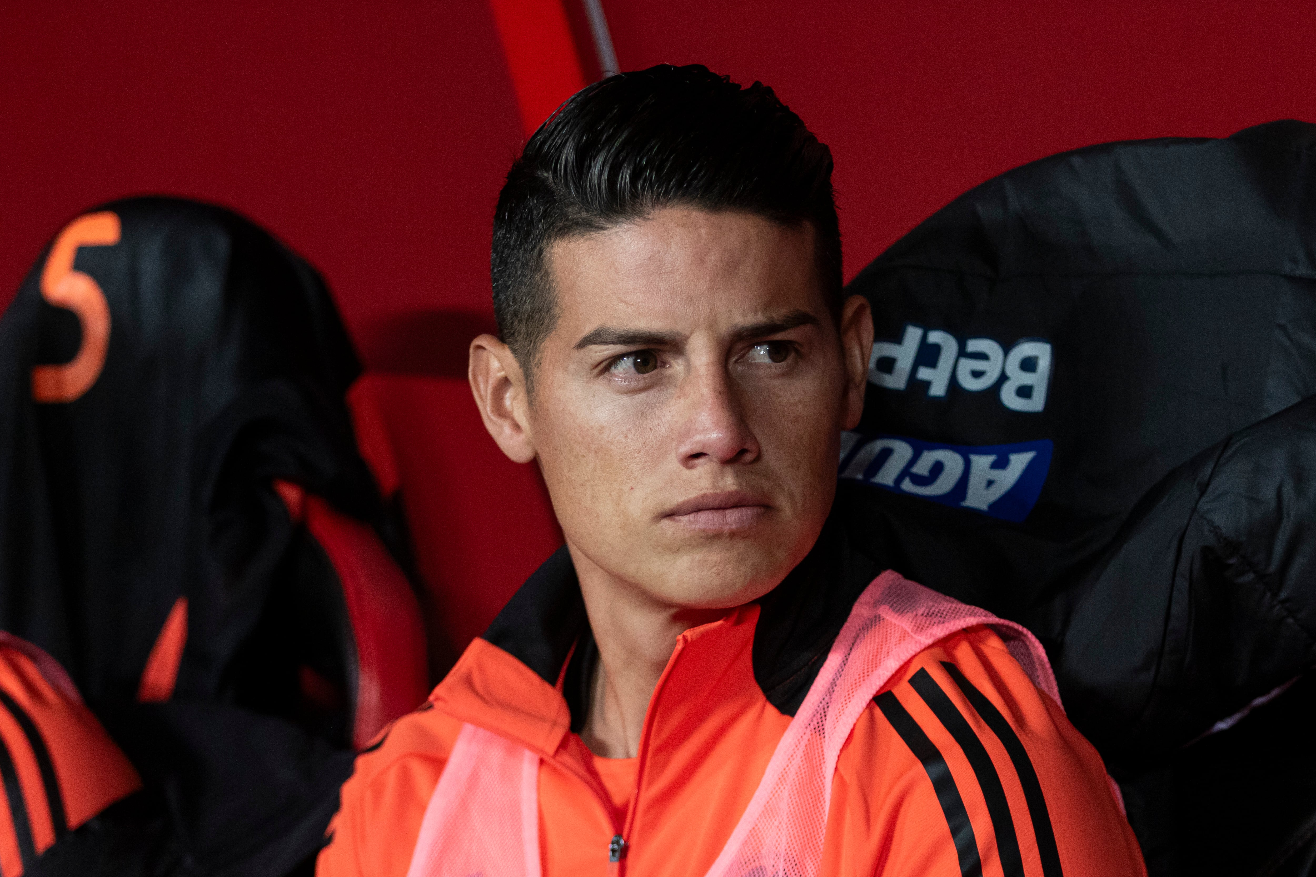 LIMA, PERU - SEPTEMBER 6: James Rodriguez of Colombia looks on from the bench during the FIFA World Cup 2026 Qualifier match between Peru and Colombia at Estadio Monumental on September 6, 2024 in Lima, Peru. (Photo by Esthefania Be/Eurasia Sport Images/Getty Images)